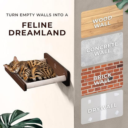 Space-Saving Cat Wall Shelves – Interactive Cat Wall Climber with Hammock & Dog Proof Feeding Station for All Indoor Breeds – Solid Walnut Wood with Beige Carpet
