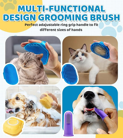 4PCS Dog Bath Brush Pet Shampoo Brush with Adjustable Ring Handle Soft Massage Dispenser Panda Shape Brush for Short Long Haired Dogs Cats Showering(Yellow)