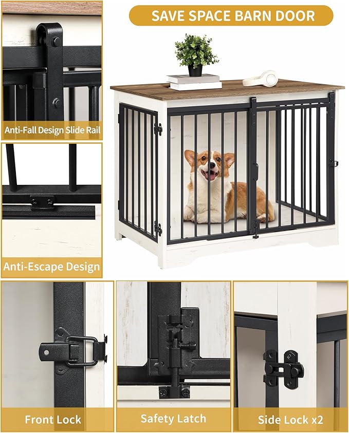 Dog Crate Furniture, 32" Double Door Dog Crate with Barn Door, Dog Kennel Indoor, End Side Table Wooden Dog Crates for Small Medium Large Dogs, Anti-Chew Anti-Escape, White Brown DFC83614B