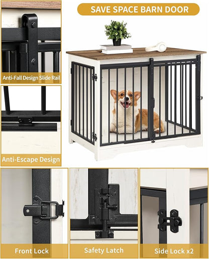 Dog Crate Furniture, 32" Double Door Dog Crate with Barn Door, Dog Kennel Indoor, End Side Table Wooden Dog Crates for Small Medium Large Dogs, Anti-Chew Anti-Escape, White Brown DFC83614B