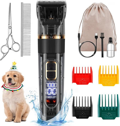 Dog Grooming Kit with LED Display, 3-Speed, Low Noise, Rechargeable, Cordless, Waterproof Clippers for Dogs Cats Small & Large Pets with Thick Coats