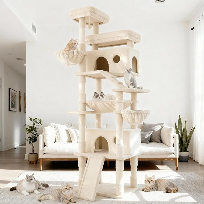 Cat Tree, 80-Inch Large Cat Tower with 9 Scratching Posts, 2 Perches, 2 Caves, 2 Basket, 2 Stairs, Extra Large Hammock, Pompoms, Multi-Level Plush Cat Condo for Indoor Cats/Beige
