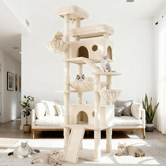 Cat Tree, 80-Inch Large Cat Tower with 9 Scratching Posts, 2 Perches, 2 Caves, 2 Basket, 2 Stairs, Extra Large Hammock, Pompoms, Multi-Level Plush Cat Condo for Indoor Cats/Beige