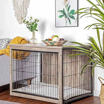DWANTON Dog Crate Furniture with Cushion, Large Wooden Dog Crate with Double Doors, Dog Furniture, Indoor Dog Kennel, Dog House, Large, 38.5" L, Greige