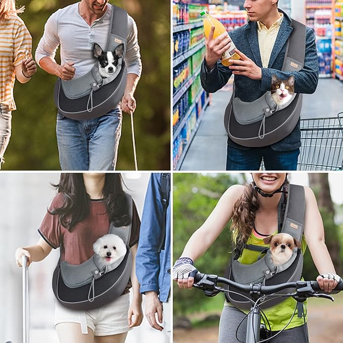 Cuby Pet Sling Carrier for Medium Dogs Cats,Drawstring Zipper & Special Security Hook Triple Designs for Pets' Securty,Breathable Mesh Travel Cat Carrier Bag with Adjustable Shoulder Strap (Black M)