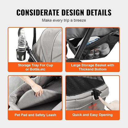 VEVOR Large Pet Stroller for Dogs Cats up to 75lbs, 3 Wheels Folding Cat Dog Stroller, Portable Pet Jogging Stroller with Storage Basket, Adjutable Handle Height and Zipperless Canopy