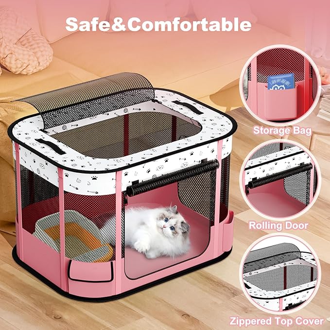 Portable Cat Playpen, 8-Rod Reinforced Kitten Dog Playpens, Foldable Play Pen for Indoor Cats Enclosed Pet Puppy Doggy Outdoor, Collapsible Tent Kennel Cage, Pink