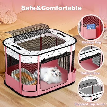 Portable Cat Playpen, 8-Rod Reinforced Kitten Dog Playpens, Foldable Play Pen for Indoor Cats Enclosed Pet Puppy Doggy Outdoor, Collapsible Tent Kennel Cage, Pink