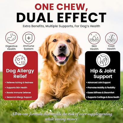 Dog Allergy Chews Hip and Joint Supplement for Dogs with Glucosamine Chondroitin for Anti Itch Skin Paw Pain Relief and Immune Pet Allergies Treats Chews for Itching and Licking Health Supplement Dogs