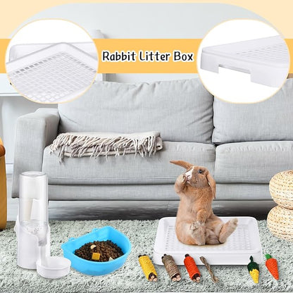 19 Pcs Rabbit Starter Kit Small Bunny Litter Box Animal Grooming Kit Water Bottle Bunny Toys Hay Feeder Bowl Blankets with Cleaning Set for Guinea Pig Rabbit Accessories (White)
