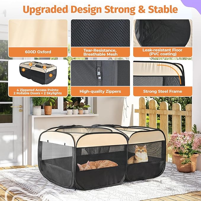 2-in-1 Dog Playpen 46.5''Pop Up Cat Pet Playpen, Assembly-Free Indoor Outdoor Kitten Enclosure, Kitten Pen Cat Cage Portable Puppy Tent Crates Kennel for Small Animals(No Divider, Unified Space)