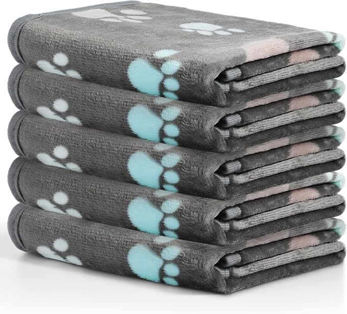 Tegeme 12 Pieces Pet Blanket Soft Fleece Dog Fluffy Doggie Warm Felt Throw Spring Cute Paw Print Puppy Kitten Sleep Mat Bed Covers for Cat(23 x 16 Inch,Dark Gray)