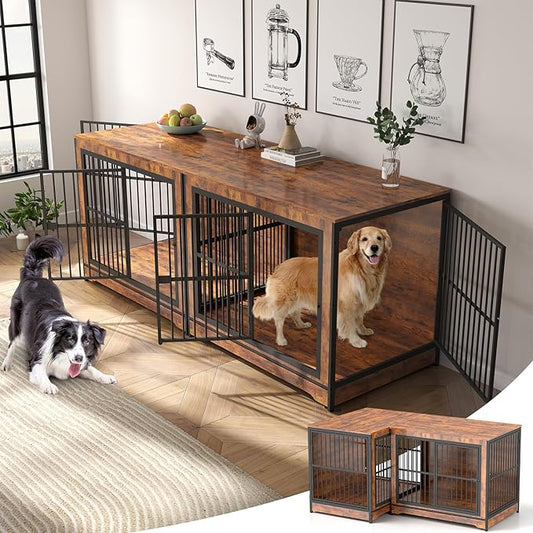 Rovibek 86 Inch Double Dog Crate Furniture, Wooden Dog Crate Furniture with Removable Divider & Trays, Decorative Dog Kennels for 2 Dogs Indoor with Three Doors, Rustic Brown