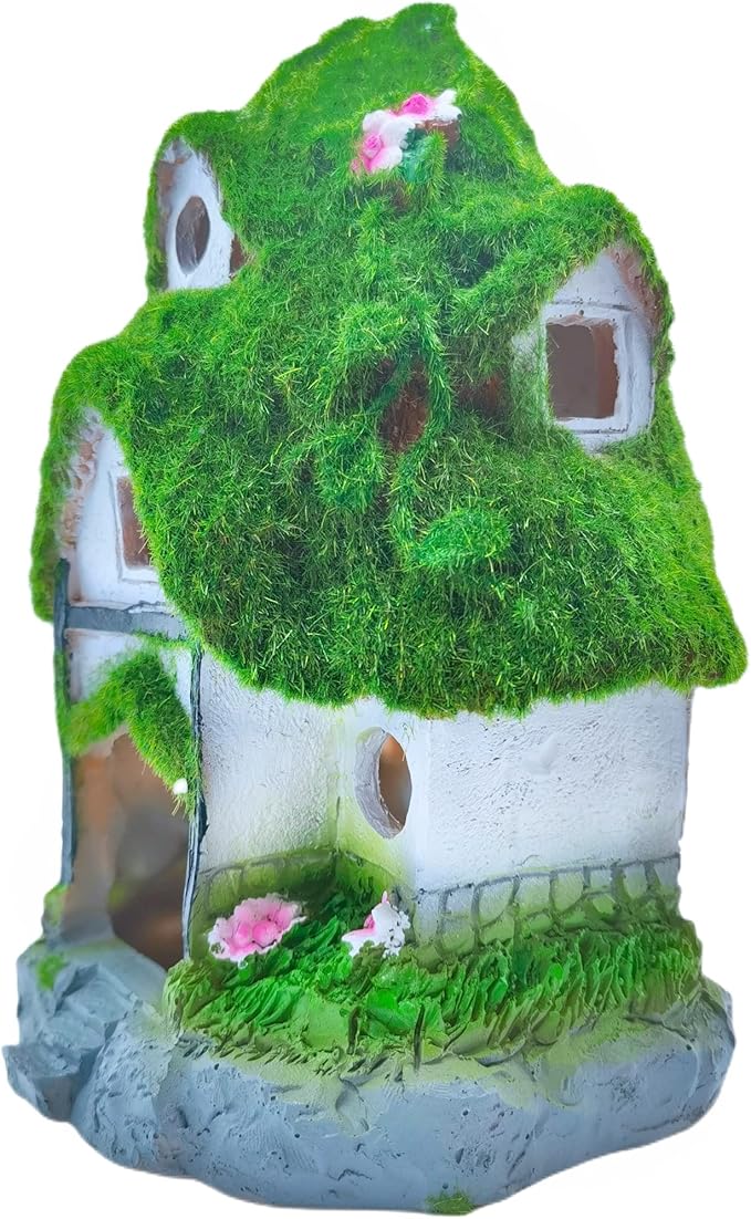 M2cbridge Aquarium Decorations Fish Hideout House Betta Cave with Green Lifelike Moss (Garden Shed)