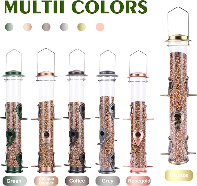 MIXXIDEA Metal Wild Bird Feeder, Squirrel Proof for Outside, Hanging 6 Port Tube Transparent Finch Feeder for Attracting Birds in Lawn, Garden, Balcony - Bronze