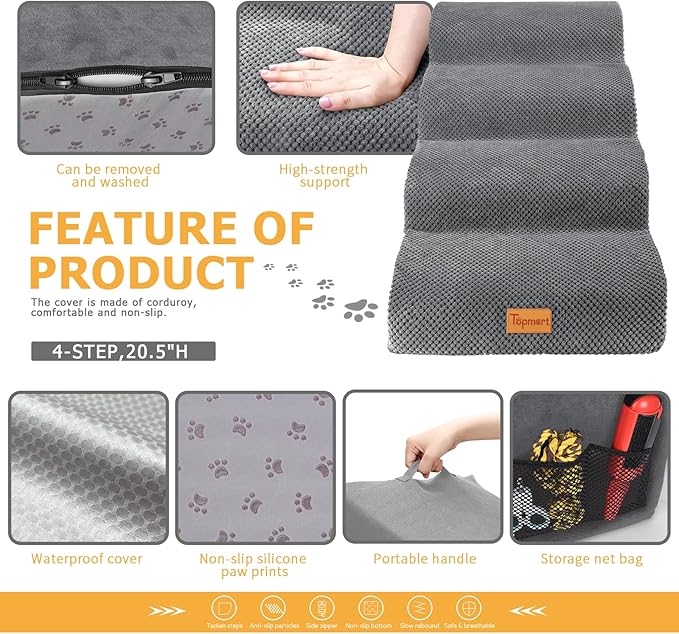 Topmart High Density Foam Dog Steps 4 Tiers,Extra Wide Deep Pet Steps,Non-Slip Pet Stairs,Dog Ramp for Bed,Soft Foam Dog Ladder,Best for Older Dogs Injured,Older Pets,Cats with Joint Pain