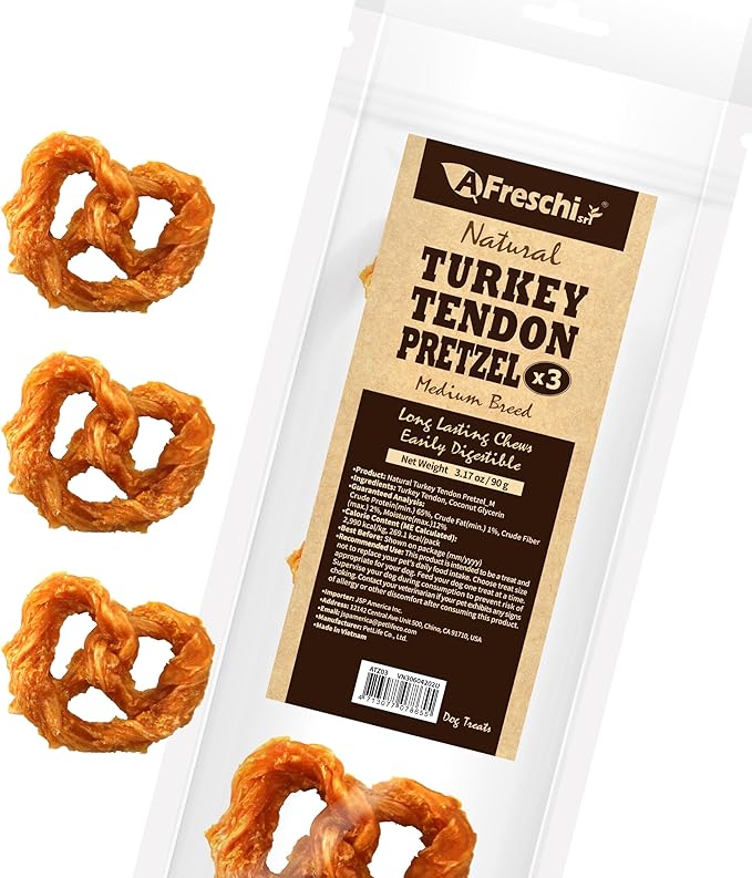 Afreschi Turkey Tendon for Dogs, Medium Pretze 3.17 oz, USA-Sourced Turkey, All Natural Human Grade Dog Chew, Hypoallergenic, Rawhide Alternative, Dog Treats for Medium Breeds