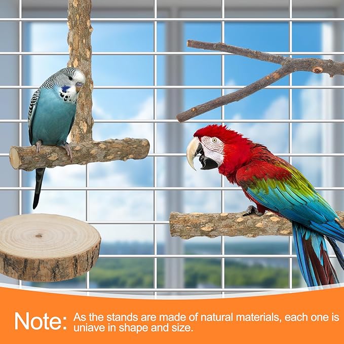 Bird Perch Stand, Pole Standing Natural Wood Bird Perch Set 7PCS Paw Grinding Fork Parrot Cage Branch with Rope Cage Accessories Toys for Parakeets, Cockatiels, Conure, Budgies (Brown 1)