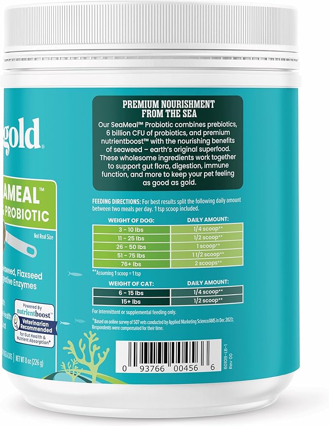 Solid Gold SeaMeal Cat Probiotic & Dog Probiotics for Digestive Health - Kelp Powder Dog & Cat Multivitamin Supplement w/Prebiotics & Digestive Enzymes for Skin, Coat, & Gut + Immune Support - 8oz