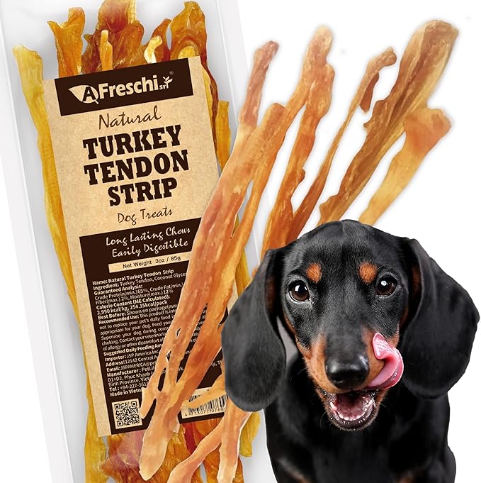 Afreschi Natural Turkey Tendon Strip 10 Units/Box, All Natural Human Grade Puppy Chew, Turkey Sourced from USA, Hypoallergenic, Easy to Digest, Rawhide Alternative