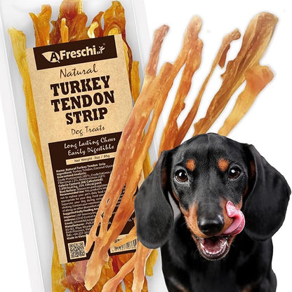 Afreschi Natural Turkey Tendon Strip 3 oz, All Natural Human Grade Puppy Chew, Turkey Sourced from USA, Hypoallergenic, Easy to Digest, Rawhide Alternative