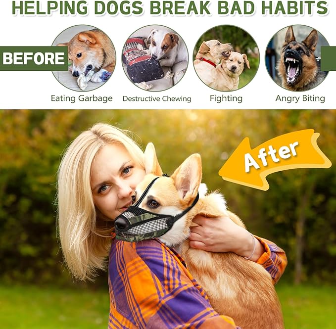 Dog Muzzle for Large Medium Small Dogs, Soft Mesh Muzzle for Dogs with Reflective Adjustable Strap, Prevent Biting Chewing and Licking, Dog Nose Open Design for Reduction Friction (Camo, L)