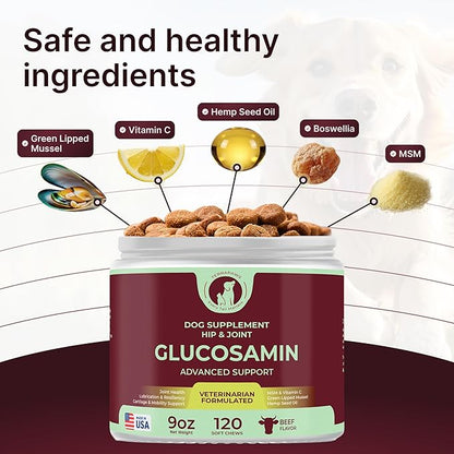 Hip & Joint Supplement for Dogs – Mobility Support with Glucosamine, Chondroitin, MSM, Turmeric, Mussel, Hemp Dog Joint Pain Relief – 120 Soft Chews for Large, Medium, Small Dogs Breeds– Beef Flavor