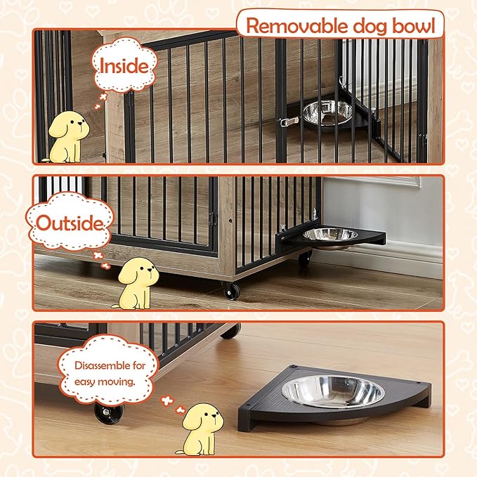 Dog Crate Furniture Heavy Duty Dog Kennel, 38 inch Indoor Double Doors Dog Cage for Small/Medium Dogs Up to 65lb, Decorative Dog Cage End Table with Rotatable Feeding Bowl
