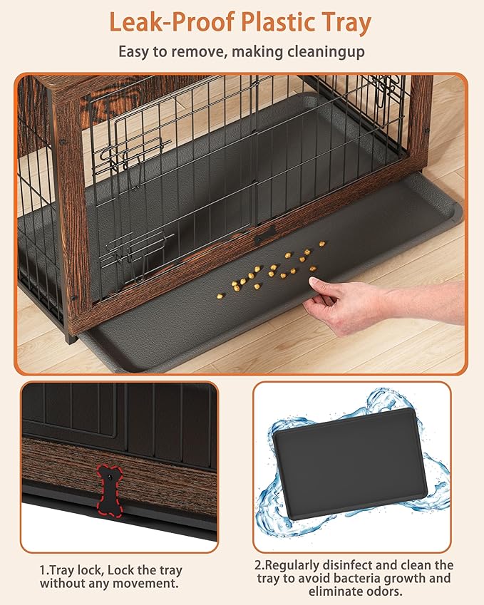 Megidok Wooden Dog Crate Furniture with Cushion, Dog Crate End Table with Tray, Double Doors Dog Crate(*L:43.1" L*28.6" W*30.3" H, Rustic Style)