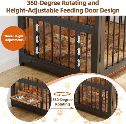 Dog Crate Furniture, 48 Inch Wooden Dog Cage with 2 Drawers, 360° & Adjustable Raised Feeder, Furniture Dog Crate for Medium-Large Dog Indoor