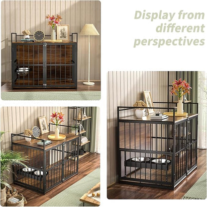 ROOMTEC Dog Crate Furniture-Style Cages for Large Dogs Indoor Heavy Duty Super Sturdy Dog Kennels with 2 Stainless Steel Bowls (48Inch = Int.dims: 46" W x 29" D x 35.5" H)