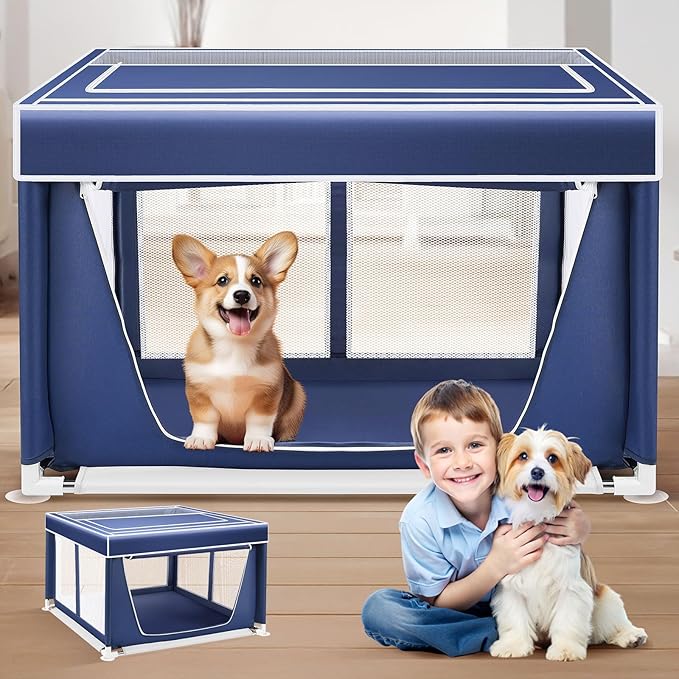Dog Playpen 42 _ 42 Inch,Breathable Puppy PlayPen with Gate and Removable Cover,Thickened Oxford Fabric Dog Play Pen for Indoor & Outdoor,Safe and Sturdy Pet Fence(Blue White)