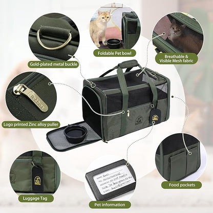 Luxury Pet Carrier for Dogs, Cats, Puppies - Airline TSA Approved, Durable Anti-Scratch Fabric, Soft-Sided, Consistent Airflow, Foldable Design, Cushion Pad, Travel (Olive Green, Medium)
