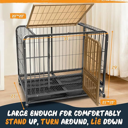 31 Inch Dog Crates for Small Medium Dogs Pets Indoor, Indestructible Enhanced Cage Kennel with 3 Doors, Wheels and Removable Tray, Heavy Duty Escape Proof Carrier, 31 x 21 x 29 Inch