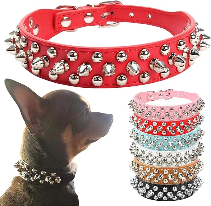 PETCARE Spiked Dog Collar Red Soft Pu Leather Funny Mushrooms Rivet Spike Studded Puppy Collar Adjustable Outdoor Pet Dog Collar for Small Medium Large Dogs Cats Chihuahua Pug Pit Bull Dog Collars