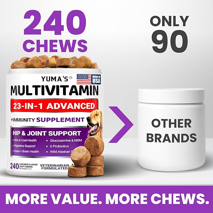 Dog Multivitamin Chewable with Glucosamine - 240 Treats - Dog Vitamins and Supplements - Senior & Puppy Multivitamin for Dogs - Hip & Joint Support - Immune Health, Skin, Heart, Digestion, Probiotics