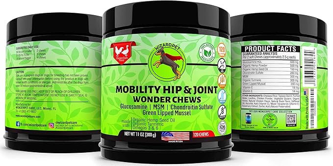 Advanced Hemp Hip and Joint Supplement for Dogs Hemp Oil Glucosamine Chondroitin for Dog Omegas Turmeric MSM Green Lipped Mussel Made in USA Treats Support Mobility 120 Chews