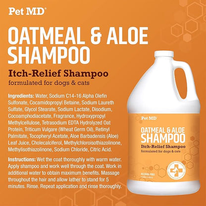 Pet MD Oatmeal & Aloe Shampoo for Dogs and Cats - Nourishing Anti Itch for Sensitive Dry Skin & Flaking - Professional Grooming & Moisturizing Dog Shampoo Gallon