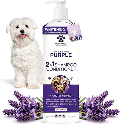 Pawganica 2-in-1 Purple Shampoo for Dogs, Supports Coat Whitening & Softness, pH-Balanced, Fur Whitening Dog Shampoo and Conditioner, Shampoo for Smelly Dogs 8 fl oz