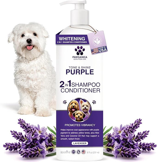 Pawganica 2-in-1 Purple Shampoo for Dogs, Supports Coat Whitening & Softness, pH-Balanced, Fur Whitening Dog Shampoo and Conditioner, Shampoo for Smelly Dogs 8 fl oz