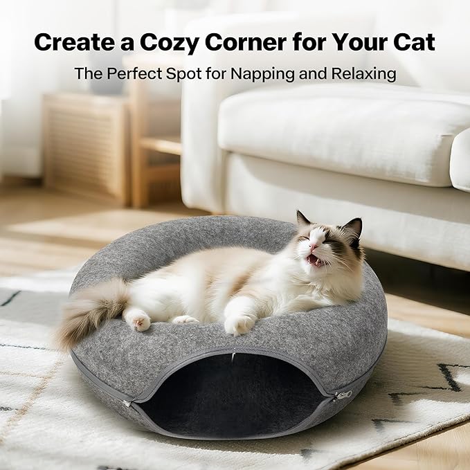 Pawise Peekaboo Cat Cave Donut Tunnel Bed, Cat Tunnel Bed,Bonus Separate Pom-Pom Bell Toy (Not Attached to Cave),Convertible Felt Cats Cave for Indoor Catty(X-Large)