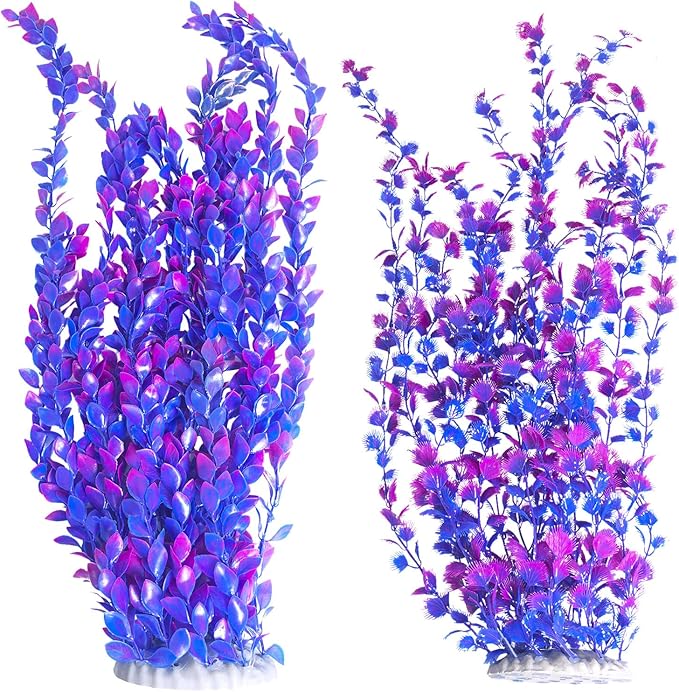 Hamiledyi Aquarium Plastic Plants Aquarium Decor Artificial Fish Tank Plants,Tall Fish Tank Decorations, Extra Large Aquarium Plant 23.6-inch Tall,2PCSï¼_urple Style Aï¼