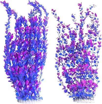 Hamiledyi Aquarium Plastic Plants Aquarium Decor Artificial Fish Tank Plants,Tall Fish Tank Decorations, Extra Large Aquarium Plant 23.6-inch Tall,2PCSï¼_urple Style Aï¼