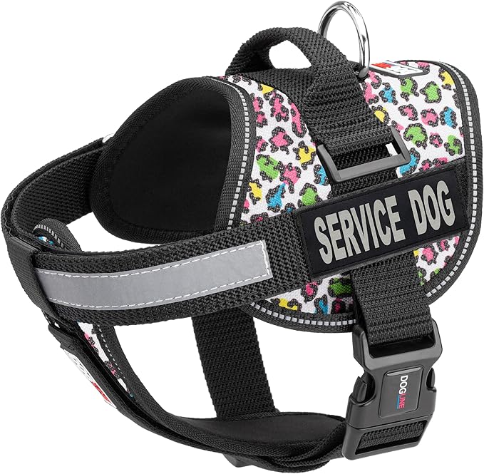Dogline Unimax Dog Harness Vest with Service Dog Patch Reflective No-Pull, Adjustable Straps, Breathable Neoprene for Medical, Service, Identification, Training Dogs Girth 22 to 30" Leopard Multicolor
