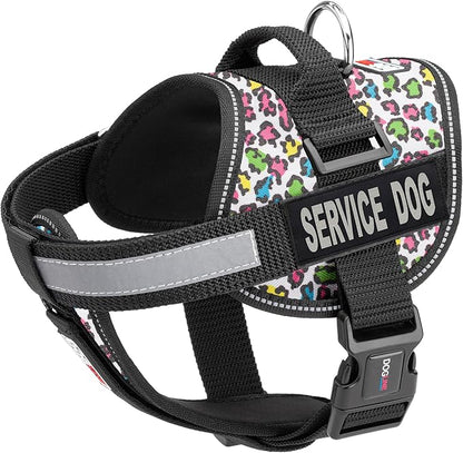 Dogline Unimax Dog Harness Vest with Service Dog Patch Reflective No-Pull, Adjustable Straps, Breathable Neoprene for Medical, Service, Identification, Training Dogs Girth 18 to 25" Leopard Multicolor
