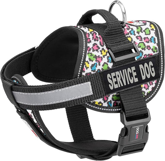 Dogline Unimax Dog Harness Vest with Service Dog Patch Reflective No-Pull, Adjustable Straps, Breathable Neoprene for Medical, Service, Identification, Training Dogs Girth 15 to 19" Leopard Multicolor