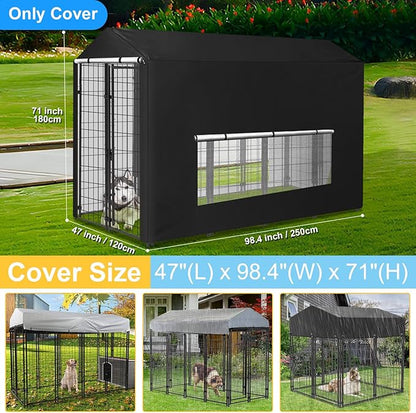 Dog Kennel Cover Large Shade Outdoor Playpen Cover Fully Enclosed Outside Waterproof Dog Crate Cover with Anti-UV Breathable Mesh Window and Clear Pannel for Viewing (Cover only Patent Design)