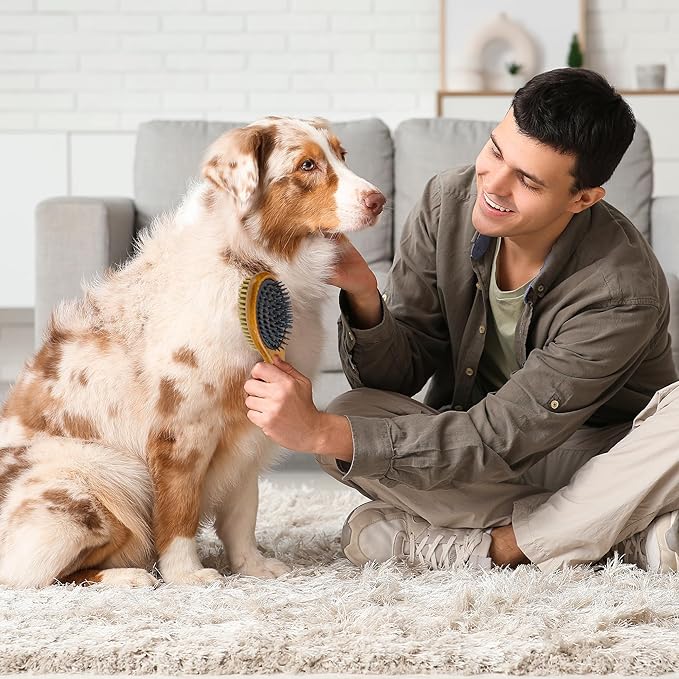 TAKAVU Short Hair Dog Cat Brush, Double-Sided Silicone & Bristle Pet Grooming Brush for Removing Dirt & Loose Hair, Coats Detangling Deshedding, Massage Pet Skin, Wood Handle Pet Comb