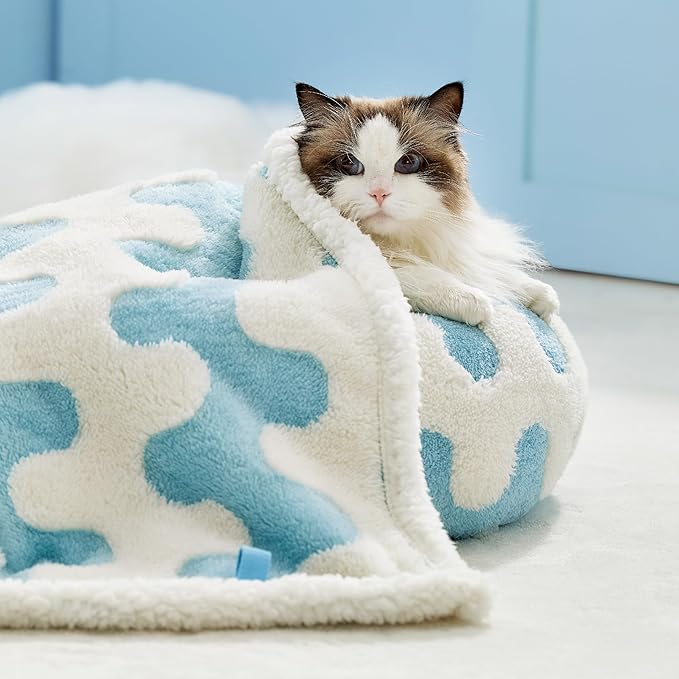 Lesure Waterproof Puppy Blanket for Small Dogs - Washable Double Sided Dog Blankets with Warm Jacquard Shag and Soft Sherpa Fleece, Pet Cat Blanket for Couch Protection, 3D Textured Wave, Blue