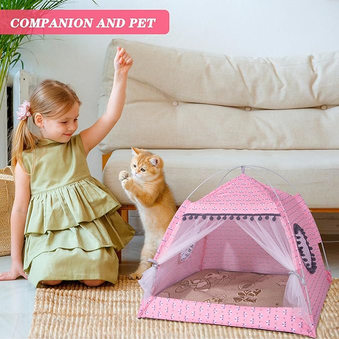 Gigreinc Cat Princess Indoor Tent House Pet Dog Cute Floral Cave Nest Bed Portable Dog Tents (M:38x38x36cm/15x15x14inch, Floral Pink)